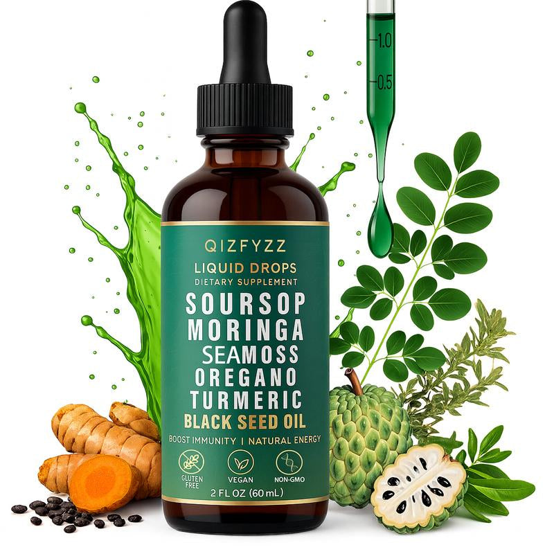 Soursop Bitterness Extract + Seaweed Super Dual-Effect Set | 10-In-1 Drops + 20-In-1 Capsules | Moringa, Turmeric, Black Seed Oil, Ashwagandha | Vegan & Non-Gmo