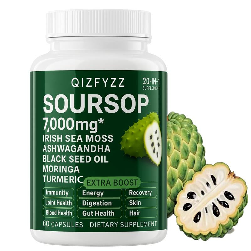 Soursop Bitterness Extract + Seaweed Super Dual-Effect Set | 10-In-1 Drops + 20-In-1 Capsules | Moringa, Turmeric, Black Seed Oil, Ashwagandha | Vegan & Non-Gmo