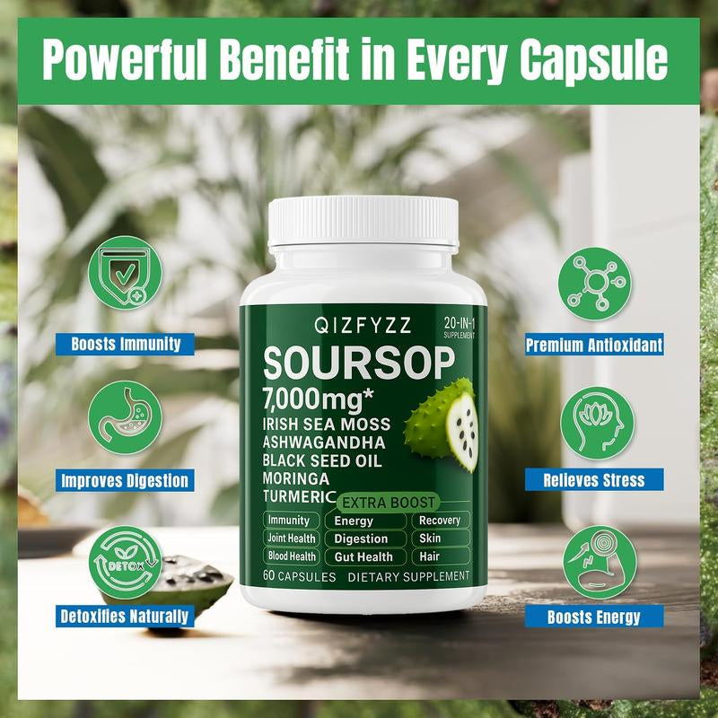 Soursop Bitterness Extract + Seaweed Super Dual-Effect Set | 10-In-1 Drops + 20-In-1 Capsules | Moringa, Turmeric, Black Seed Oil, Ashwagandha | Vegan & Non-Gmo