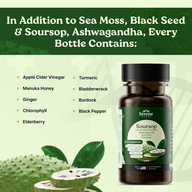 Serene Herbs 17-1: Sea Moss, Black Seed Oil 4000Mg, Soursop 4000Mg, Ashwagandha 2000Mg, Turmeric, Bladderwrack, Burdock, Vitamin C & D3, Dandelion Root, Ginger- Herbal Supplement for Immune Support & Wellness(60 Count)