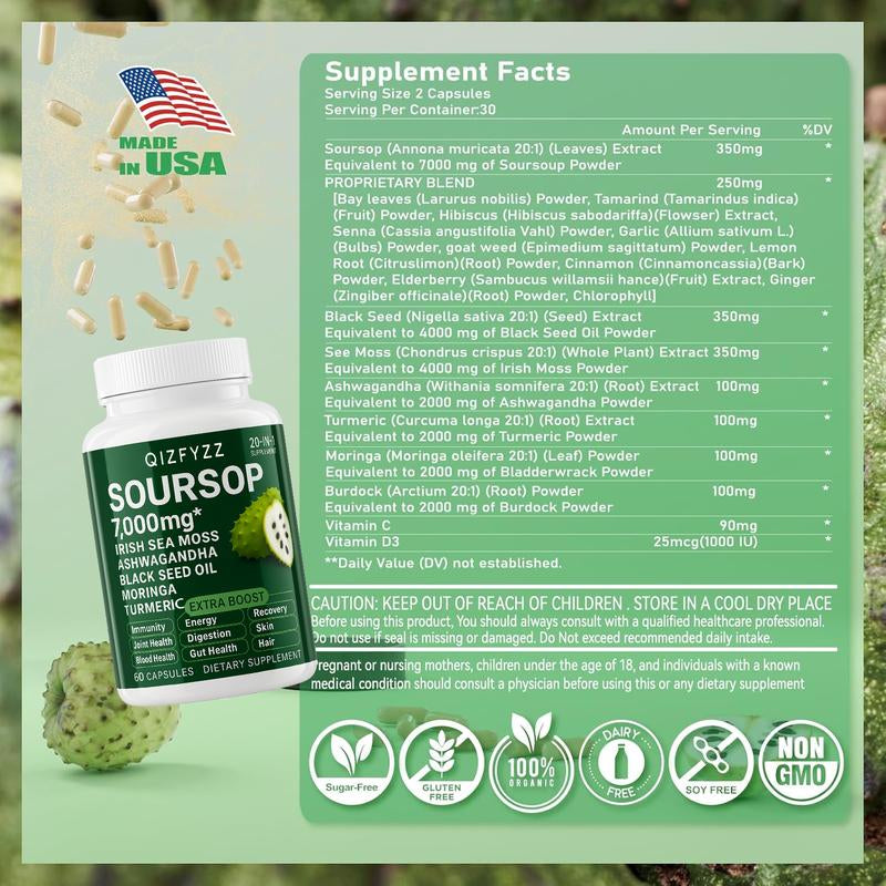 Soursop Bitterness Extract + Seaweed Super Dual-Effect Set | 10-In-1 Drops + 20-In-1 Capsules | Moringa, Turmeric, Black Seed Oil, Ashwagandha | Vegan & Non-Gmo