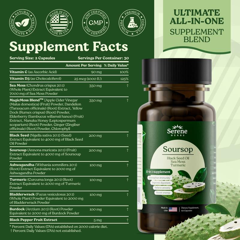 Serene Herbs 17-1: Sea Moss, Black Seed Oil 4000Mg, Soursop 4000Mg, Ashwagandha 2000Mg, Turmeric, Bladderwrack, Burdock, Vitamin C & D3, Dandelion Root, Ginger- Herbal Supplement for Immune Support & Wellness(60 Count)