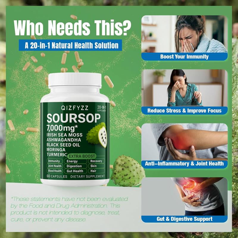 Soursop Bitterness Extract + Seaweed Super Dual-Effect Set | 10-In-1 Drops + 20-In-1 Capsules | Moringa, Turmeric, Black Seed Oil, Ashwagandha | Vegan & Non-Gmo