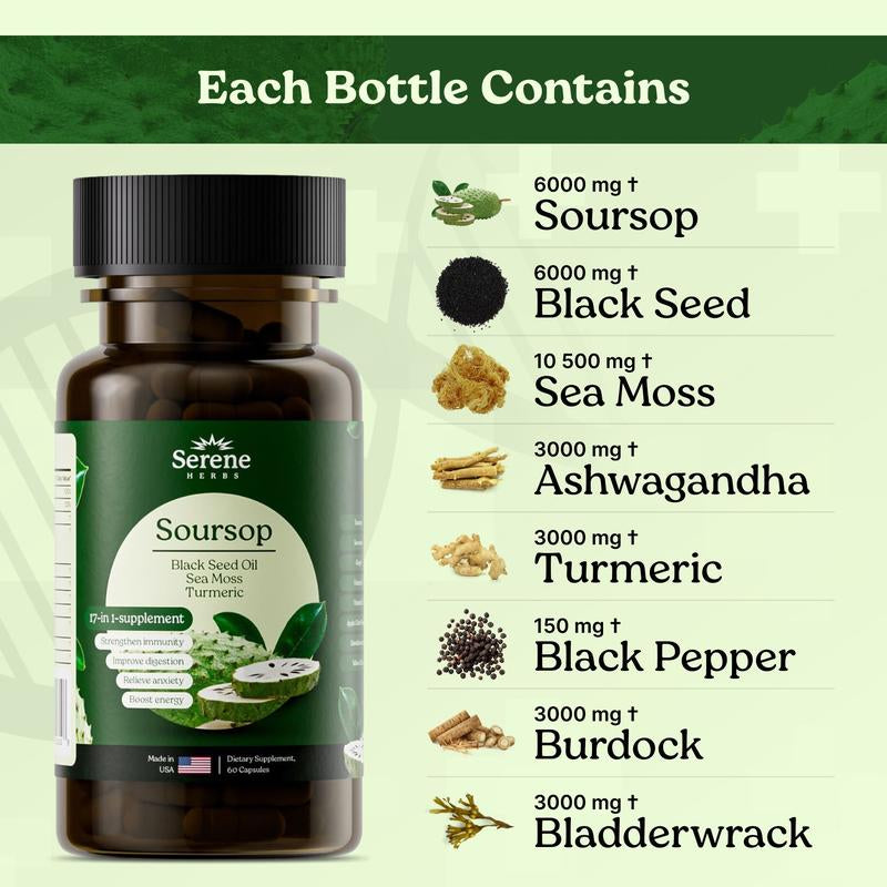 Serene Herbs 17-1: Sea Moss, Black Seed Oil 4000Mg, Soursop 4000Mg, Ashwagandha 2000Mg, Turmeric, Bladderwrack, Burdock, Vitamin C & D3, Dandelion Root, Ginger- Herbal Supplement for Immune Support & Wellness(60 Count)