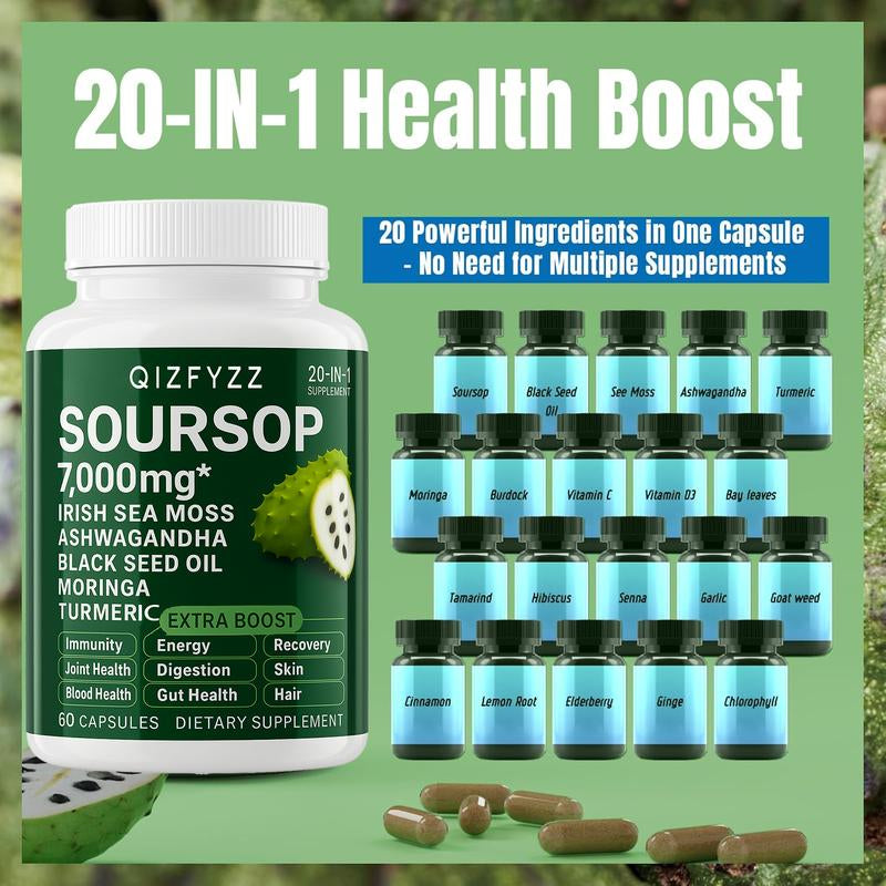 Soursop Bitterness Extract + Seaweed Super Dual-Effect Set | 10-In-1 Drops + 20-In-1 Capsules | Moringa, Turmeric, Black Seed Oil, Ashwagandha | Vegan & Non-Gmo