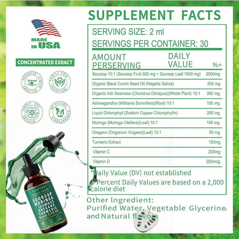 Soursop Bitterness Extract + Seaweed Super Dual-Effect Set | 10-In-1 Drops + 20-In-1 Capsules | Moringa, Turmeric, Black Seed Oil, Ashwagandha | Vegan & Non-Gmo