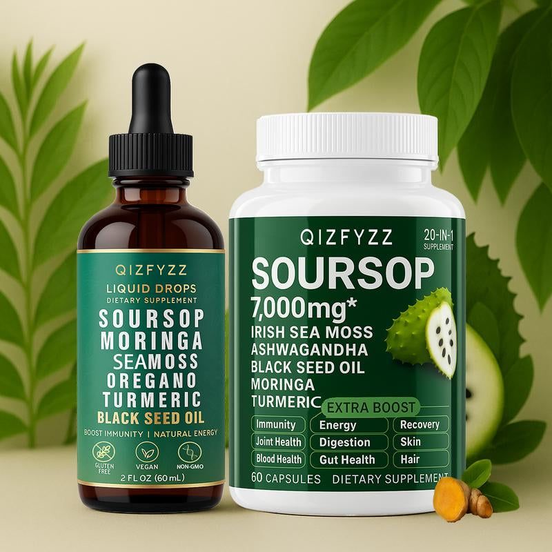 Soursop Bitterness Extract + Seaweed Super Dual-Effect Set | 10-In-1 Drops + 20-In-1 Capsules | Moringa, Turmeric, Black Seed Oil, Ashwagandha | Vegan & Non-Gmo